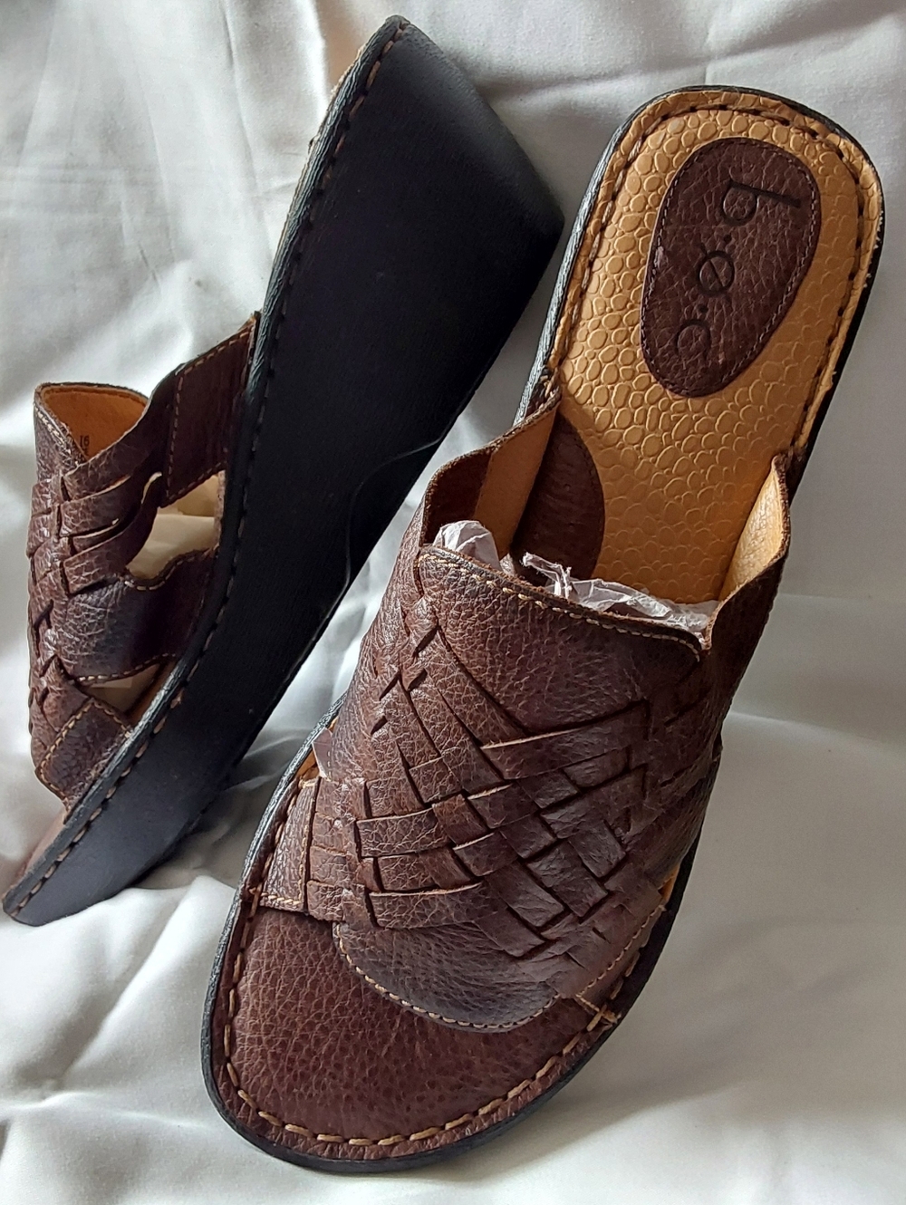 B.O.C Brown Woven Leather Slide Wedge Sandals